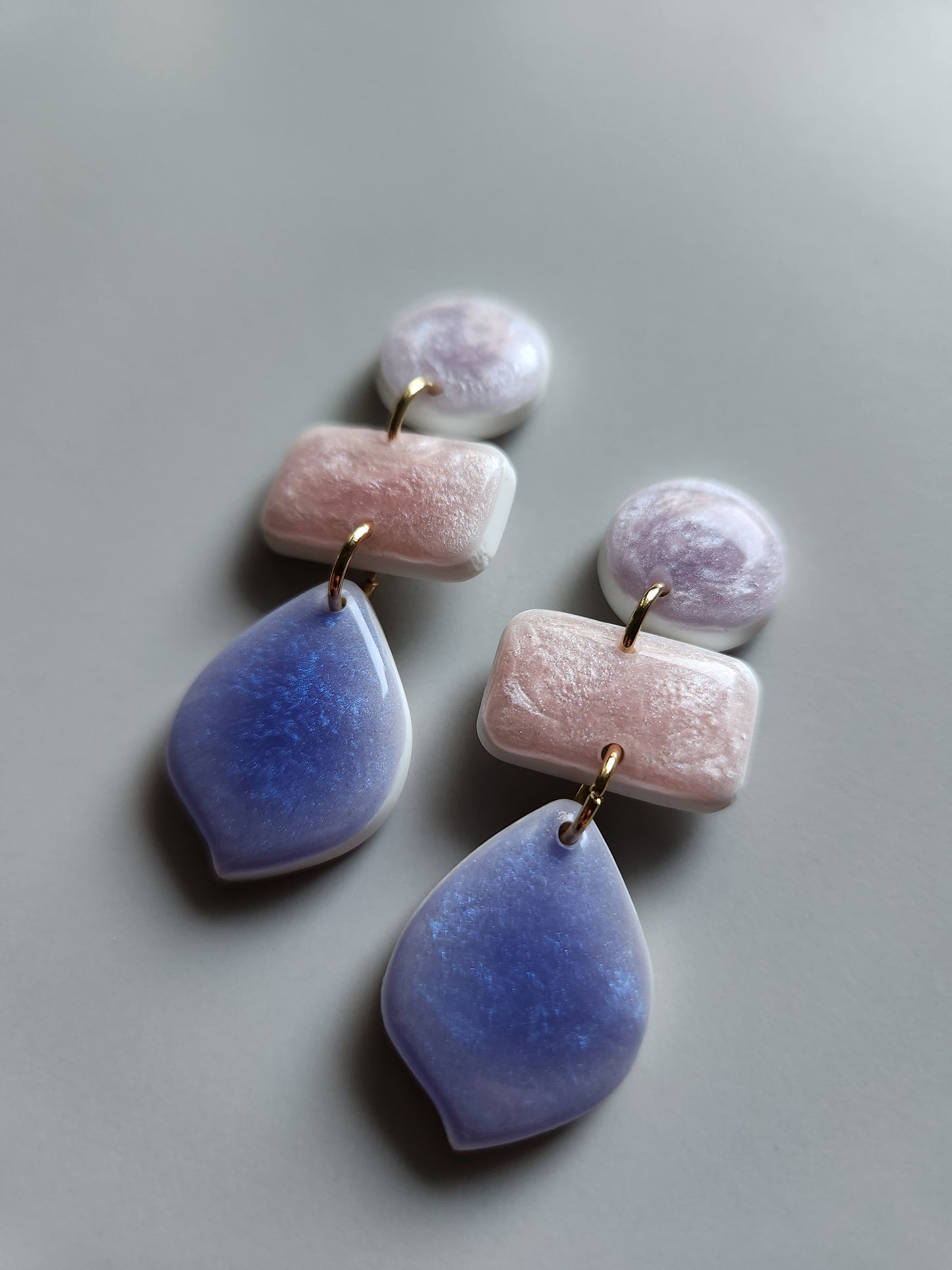 Lilac and blue triple-drop earrings