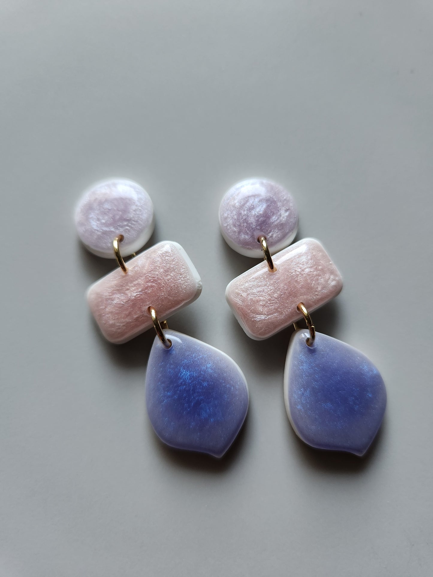 Lilac and blue triple-drop earrings