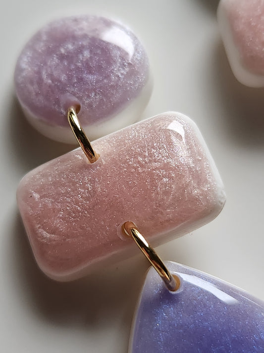 Lilac and blue triple-drop earrings