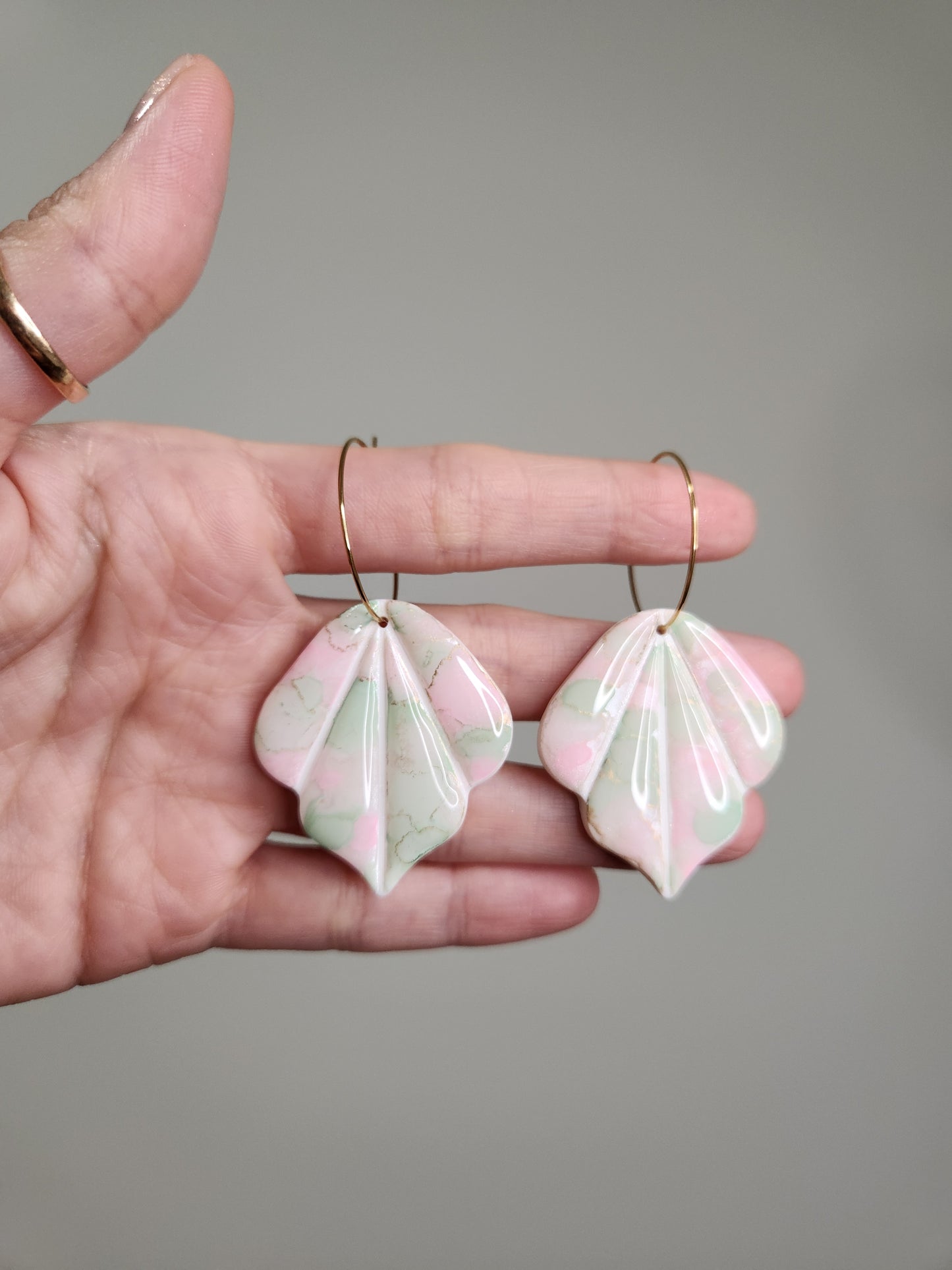 Leaf Earrings Green and Pink